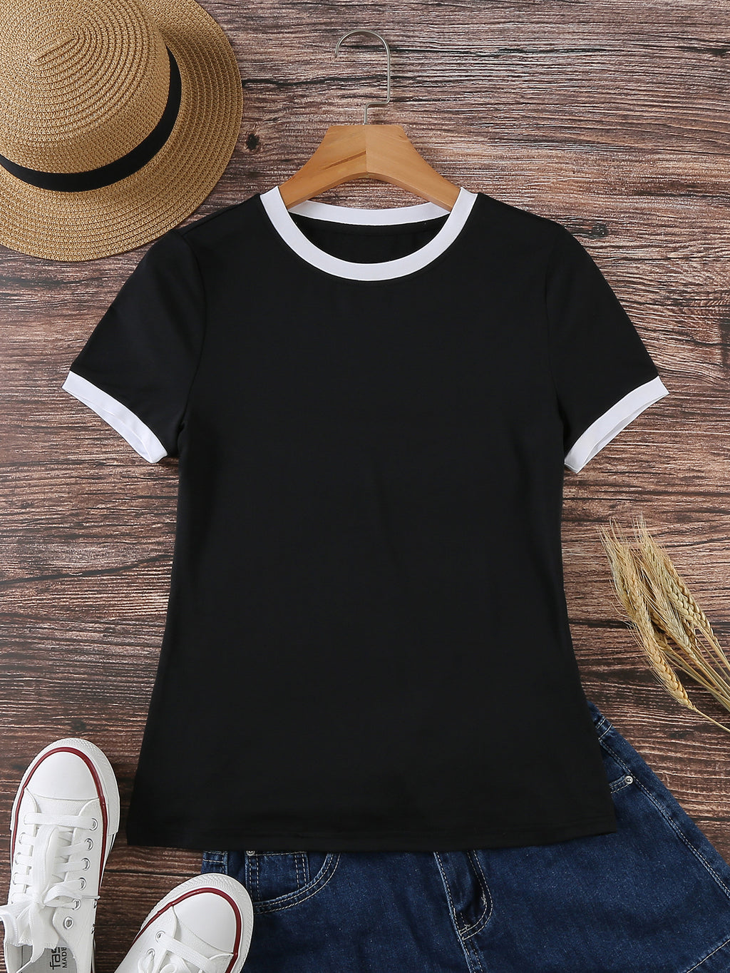 Women's Casual Contrast Color Trim Round Neck T-Shirt, Summer