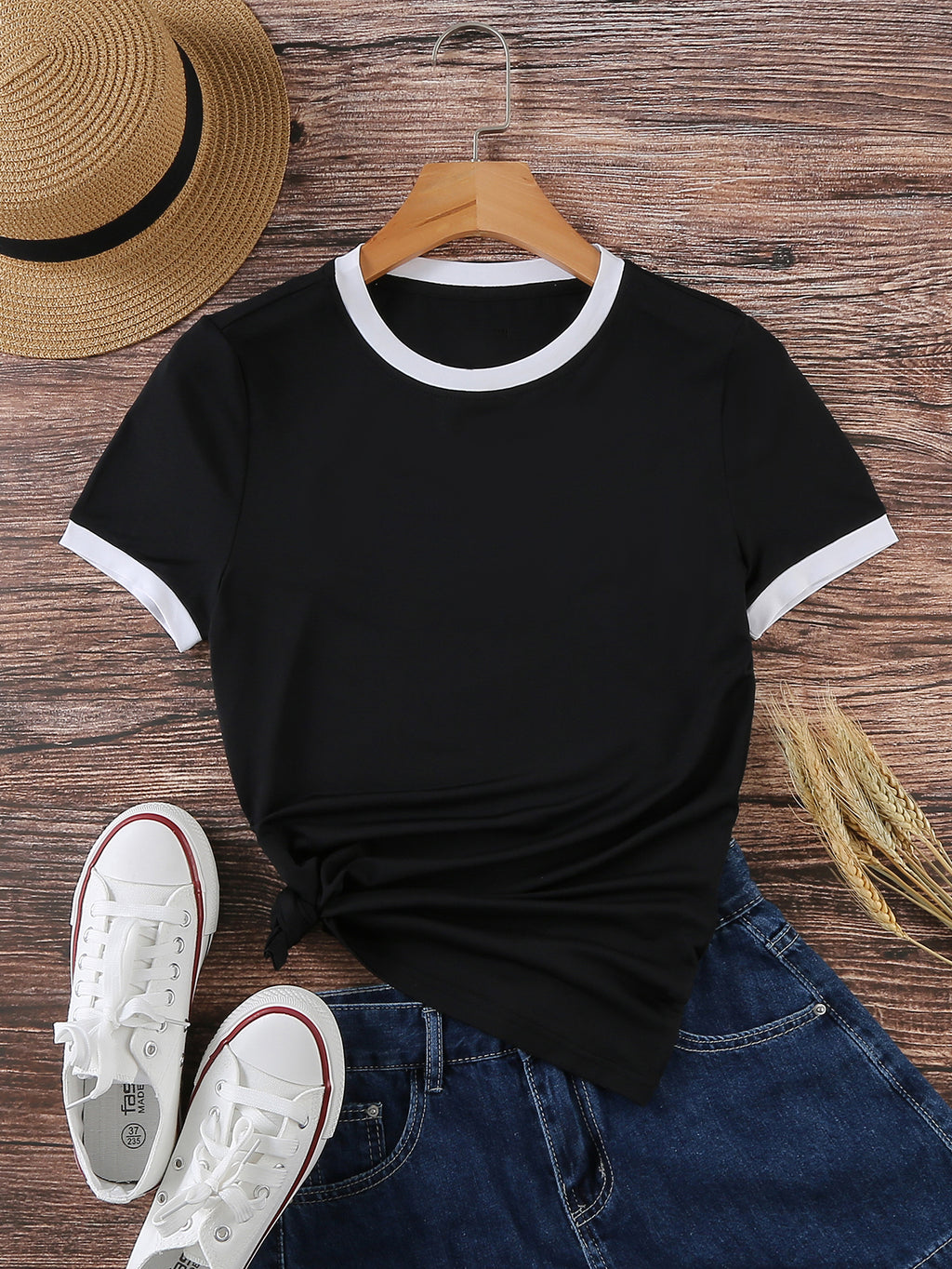 Women's Casual Contrast Color Trim Round Neck T-Shirt, Summer