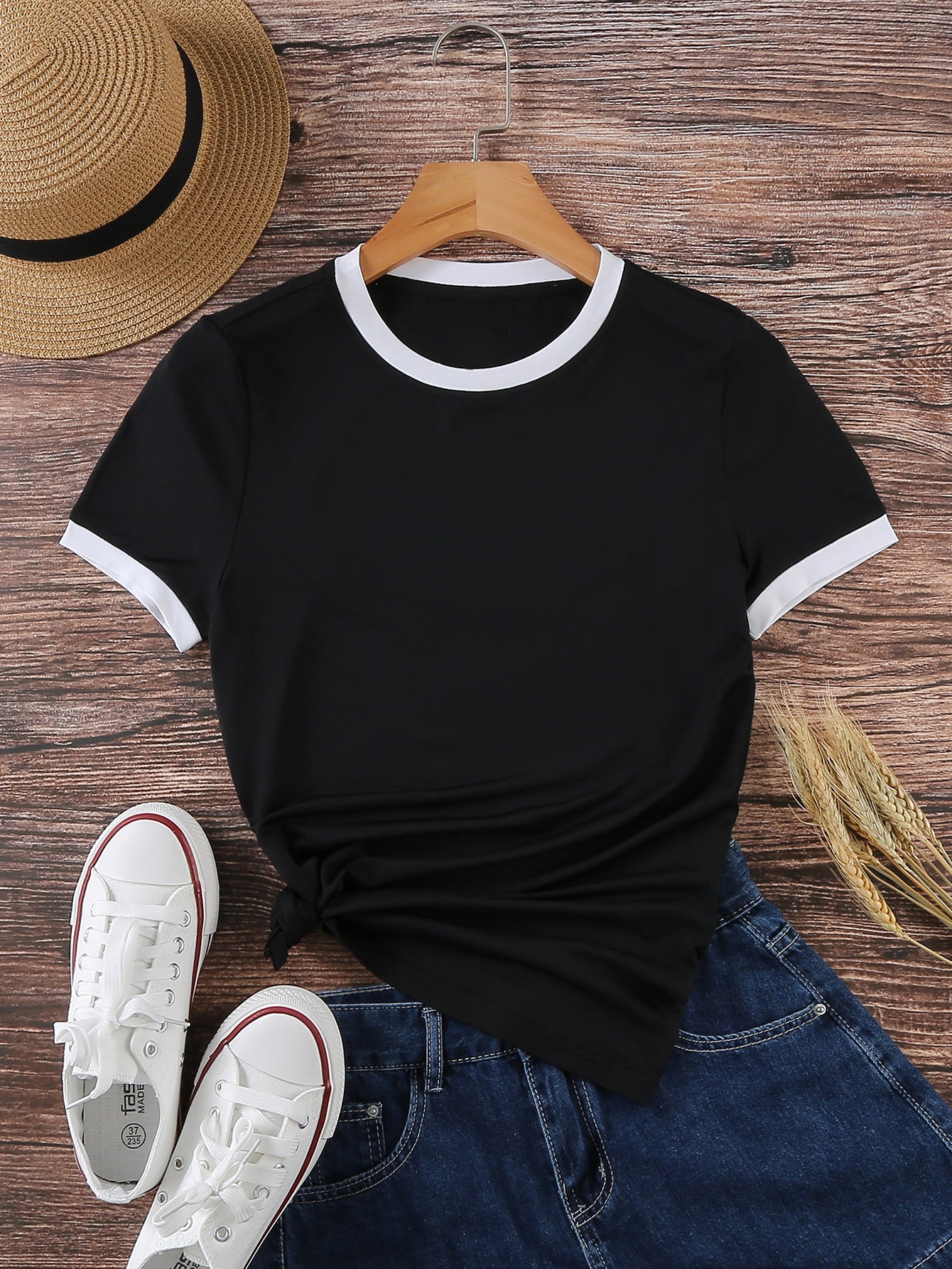 Women's Casual Contrast Color Trim Round Neck T-Shirt, Summer