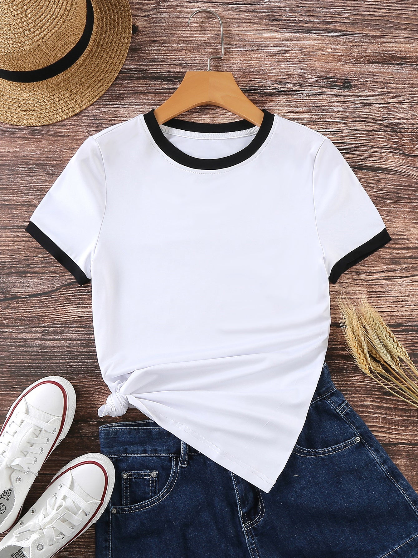 Women's Casual Contrast Color Trim Round Neck T-Shirt, Summer