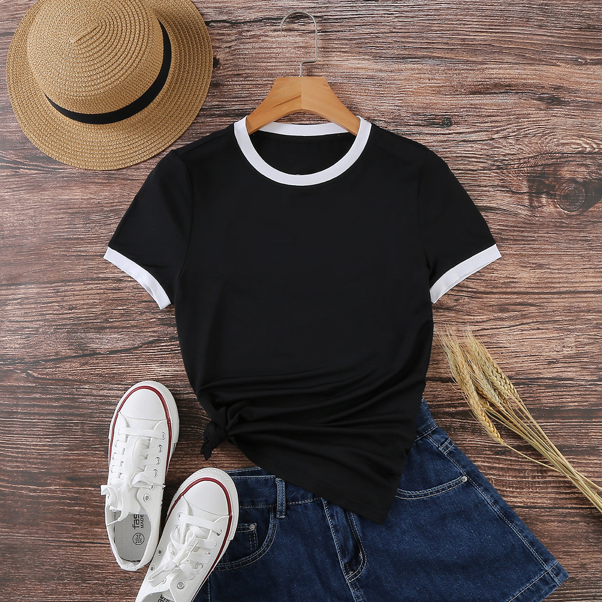 Women's Casual Contrast Color Trim Round Neck T-Shirt, Summer