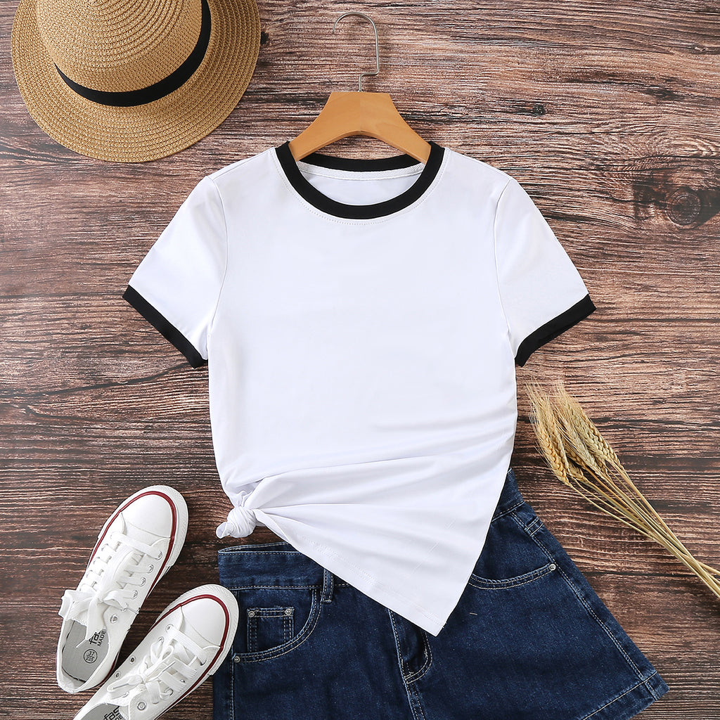 Women's Casual Contrast Color Trim Round Neck T-Shirt, Summer
