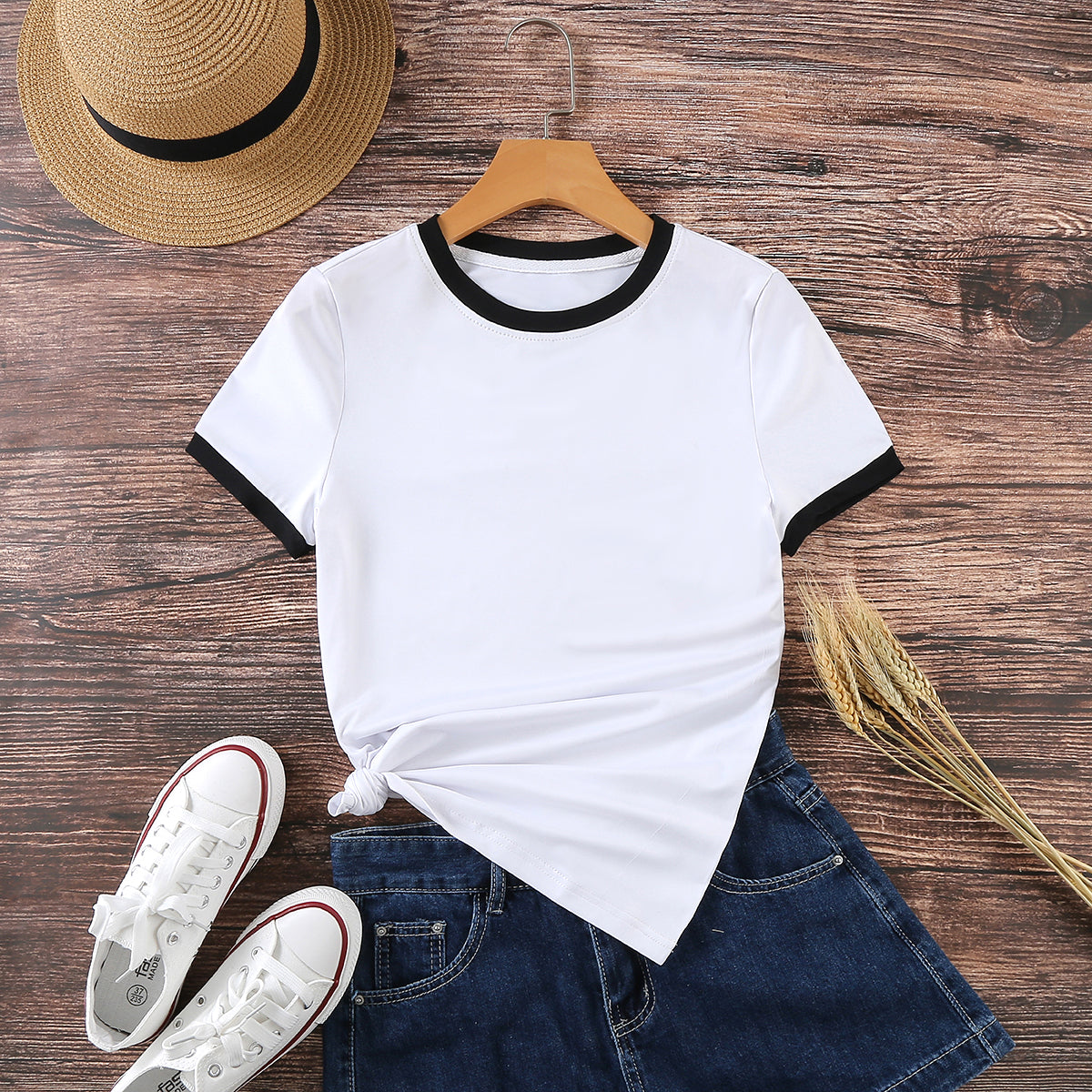 Women's Casual Contrast Color Trim Round Neck T-Shirt, Summer