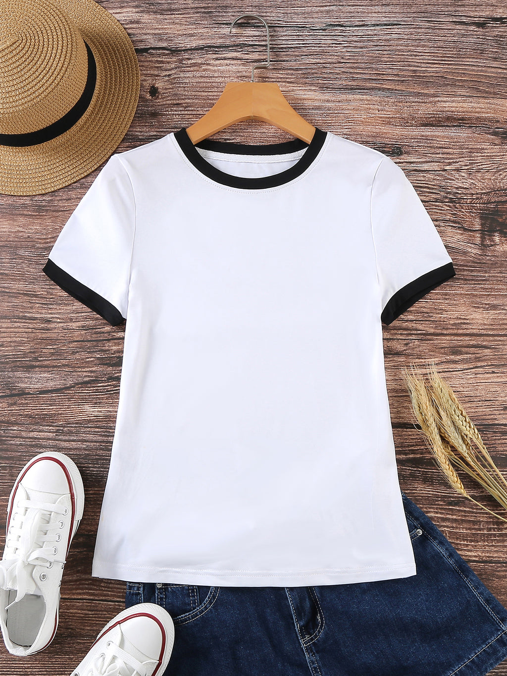 Women's Casual Contrast Color Trim Round Neck T-Shirt, Summer