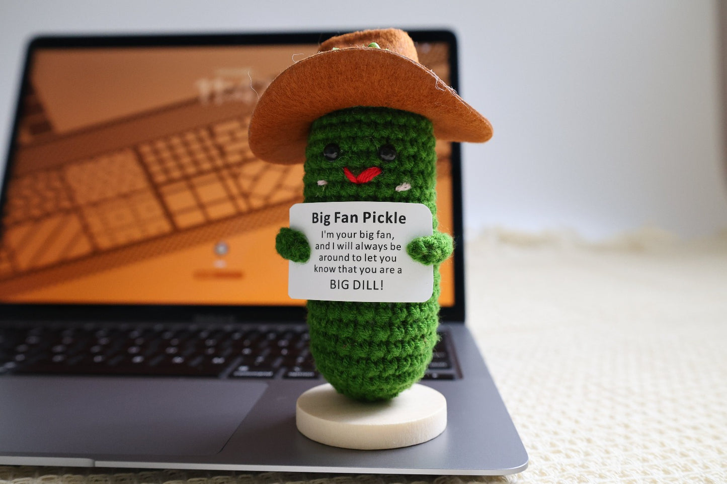 🥒 Handmade Crochet Cowboy Pickle "Big Fan Pickle" Desk Buddy