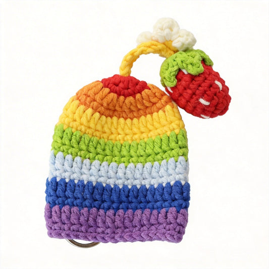 🌈 Handmade Crochet Rainbow Hat Key Cover with Strawberry Charm