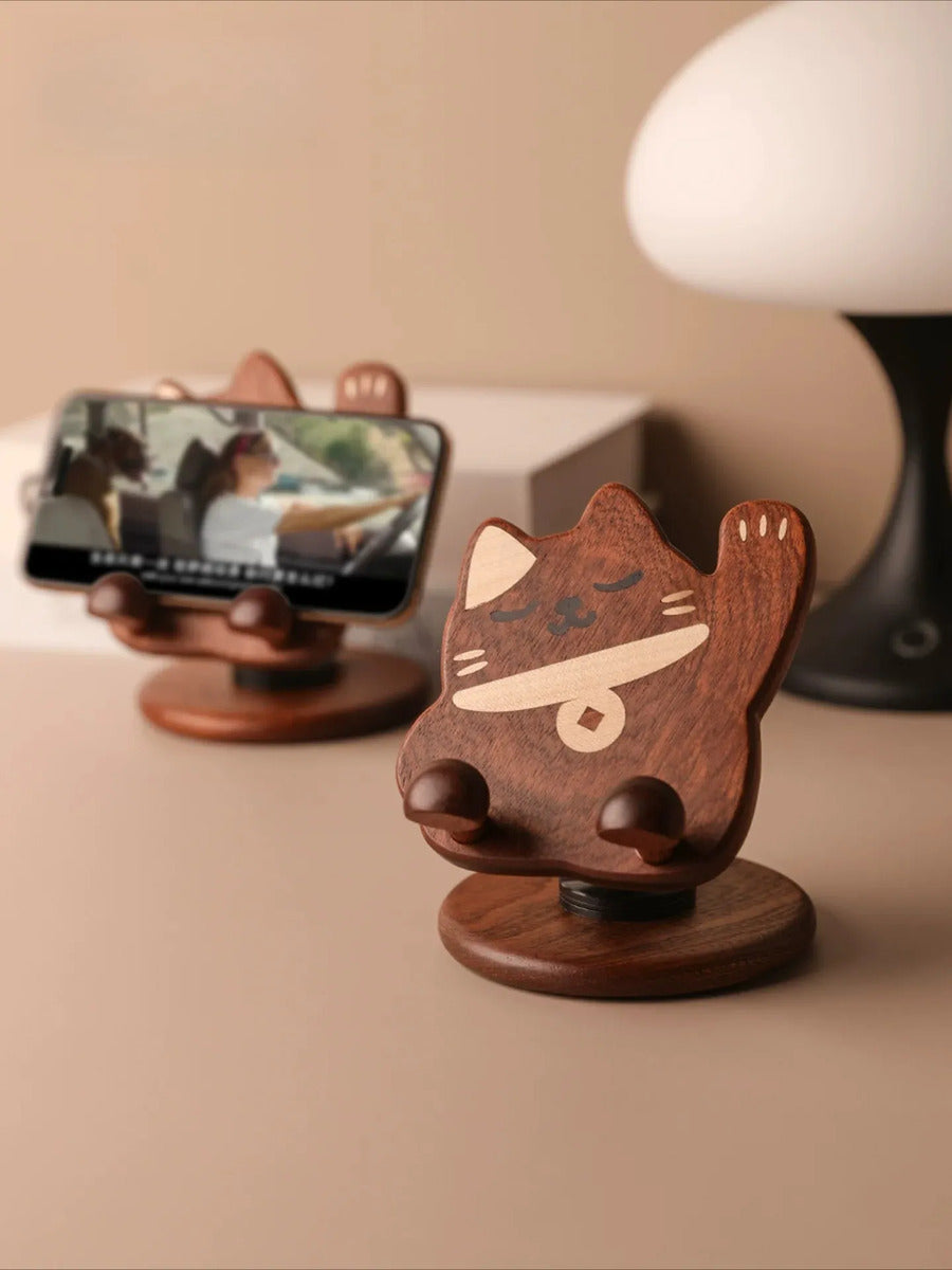 Cute Lucky Cat Wooden Phone Stand - Swivel Gift Lucky Cat Phone Stand