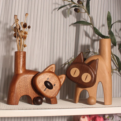 Wooden Cat Flower Vase - Creative Carved Desktop Gift Beech Puppy Flower Device (excluding Flowers)