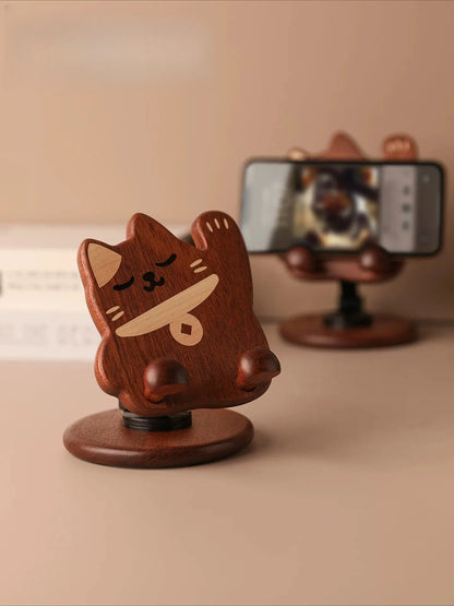 Cute Lucky Cat Wooden Phone Stand - Swivel Gift Lucky Cat Phone Stand