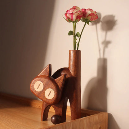 Wooden Cat Flower Vase - Creative Carved Desktop Gift Ebony Puppy Flower Arrangement (flower Arrangement)