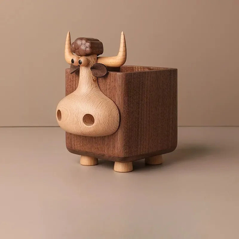 Cute Wooden Lamb Walnut Pen Holder - Desktop Storage Gift Calf Pen Holder