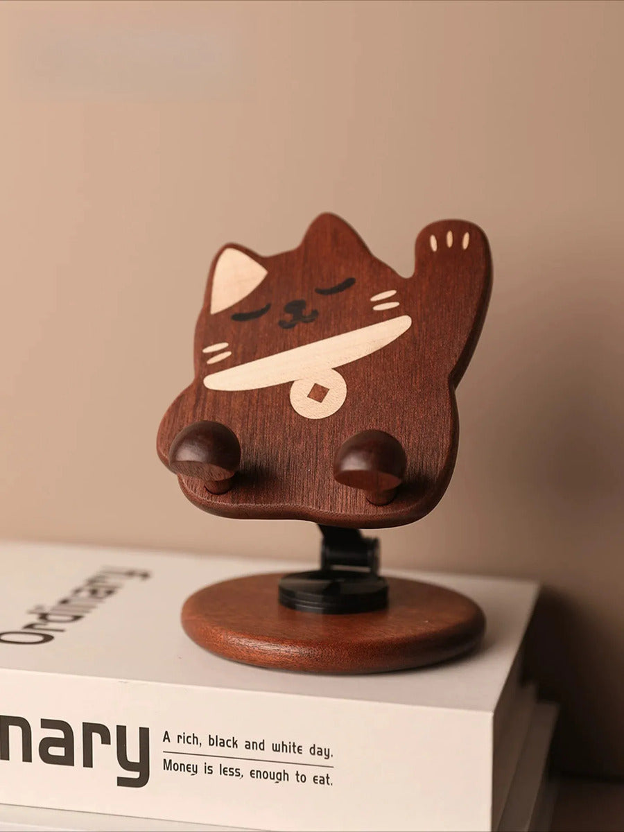 Cute Lucky Cat Wooden Phone Stand - Swivel Gift Lucky Cat Phone Stand