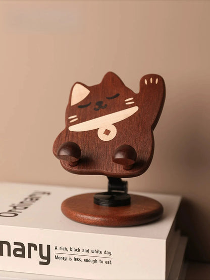Cute Lucky Cat Wooden Phone Stand - Swivel Gift Lucky Cat Phone Stand