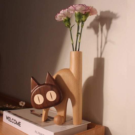 Wooden Cat Flower Vase - Creative Carved Desktop Gift Siamese Cat Flower Device (without Flowers, The Cat Head Can Be Turned)