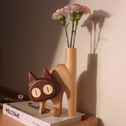 Wooden Cat Flower Vase - Creative Carved Desktop Gift Ebony Flower Device + Black Mouse (without Flowers, The Cat Head Can Be Turned)