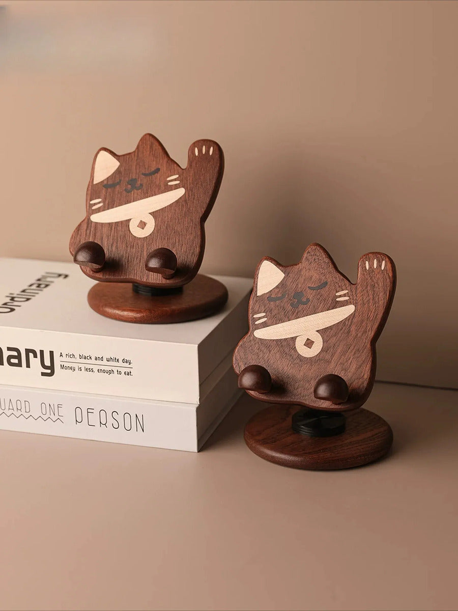Cute Lucky Cat Wooden Phone Stand - Swivel Gift Lucky Cat Phone Stand