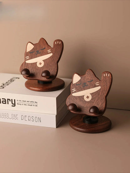 Cute Lucky Cat Wooden Phone Stand - Swivel Gift Lucky Cat Phone Stand