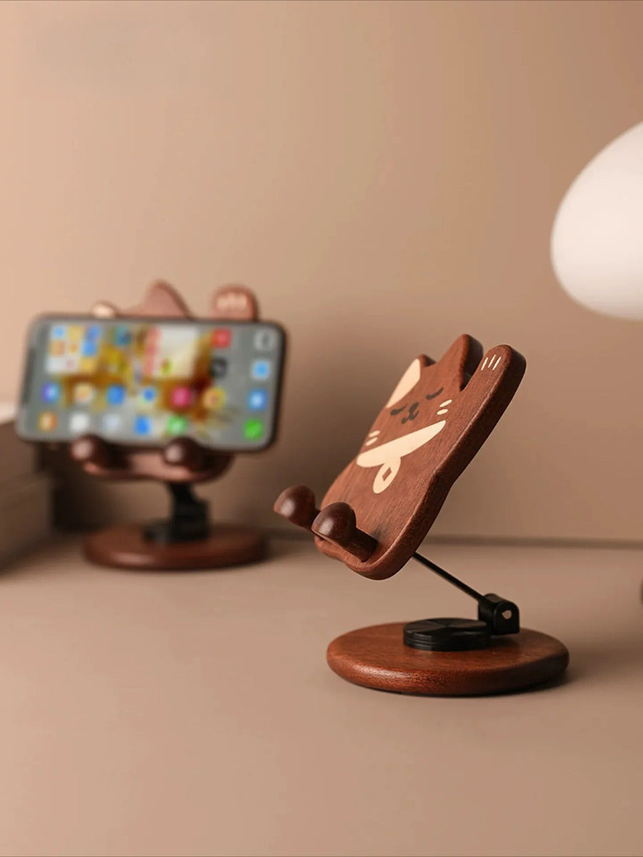 Cute Lucky Cat Wooden Phone Stand - Swivel Gift Lucky Cat Phone Stand