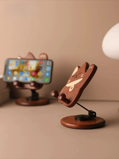 Cute Lucky Cat Wooden Phone Stand - Swivel Gift Lucky Cat Phone Stand