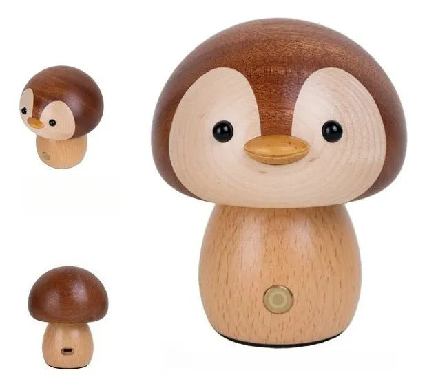 Wooden Mushroom House Led Night Light - Desktop Nursery Gift Penguin Night Light, Solid Wood Inlay, Lithium Battery, Stepless Dimming