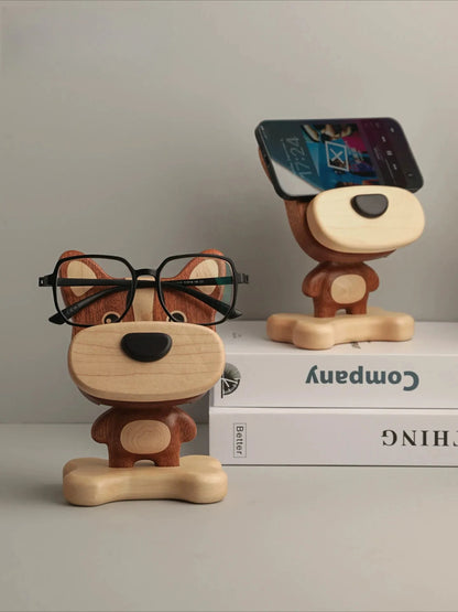 Cute Wooden Dog Phone & Tablet Stand - Desktop Ornament Gift Big Nose Dog Mobile Phone Glasses Holder