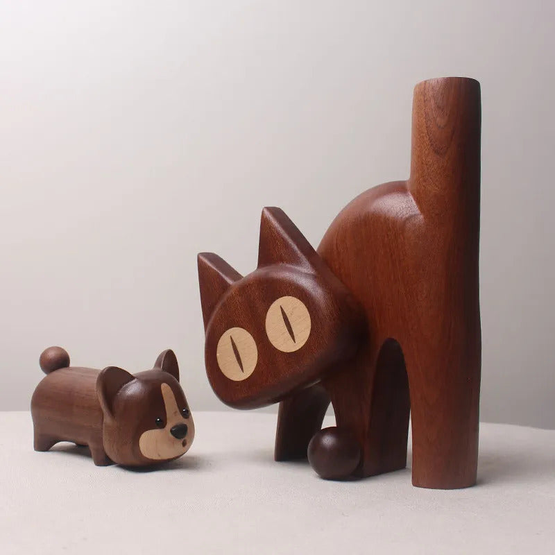 Wooden Cat Flower Vase - Creative Carved Desktop Gift Dogs And Cats (corgi Is A Toothpick Box)