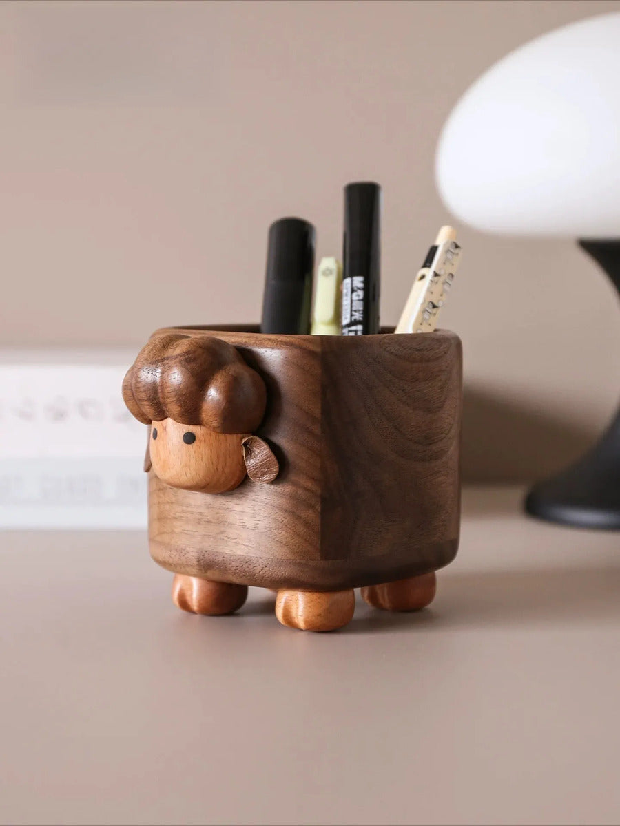 Cute Wooden Lamb Walnut Pen Holder - Desktop Storage Gift Calf Pen Holder