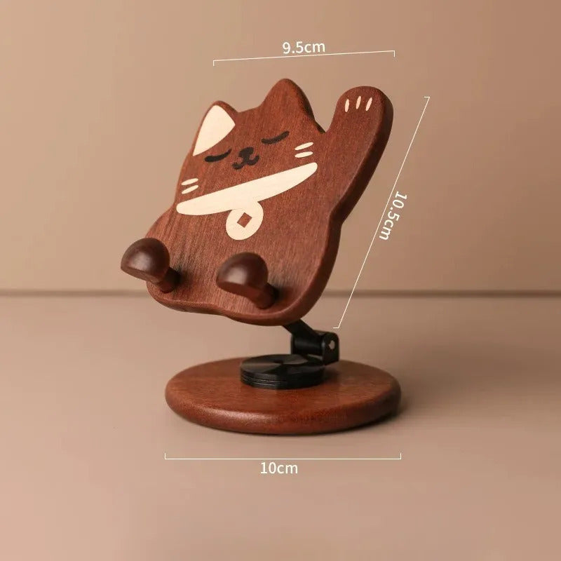 Cute Lucky Cat Wooden Phone Stand - Swivel Gift Lucky Cat Phone Stand