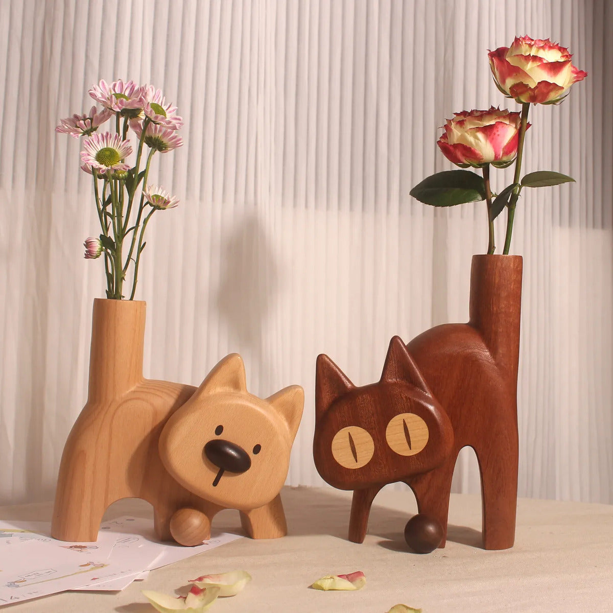 Wooden Cat Flower Vase - Creative Carved Desktop Gift Cat And Dog Double Full Flower Device (excluding Flowers)
