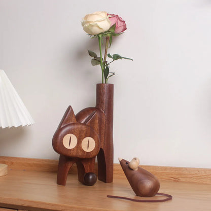 Wooden Cat Flower Vase - Creative Carved Desktop Gift Ebony Flower Device + Black Mouse (without Flowers, The Cat Head Can Be Turned)
