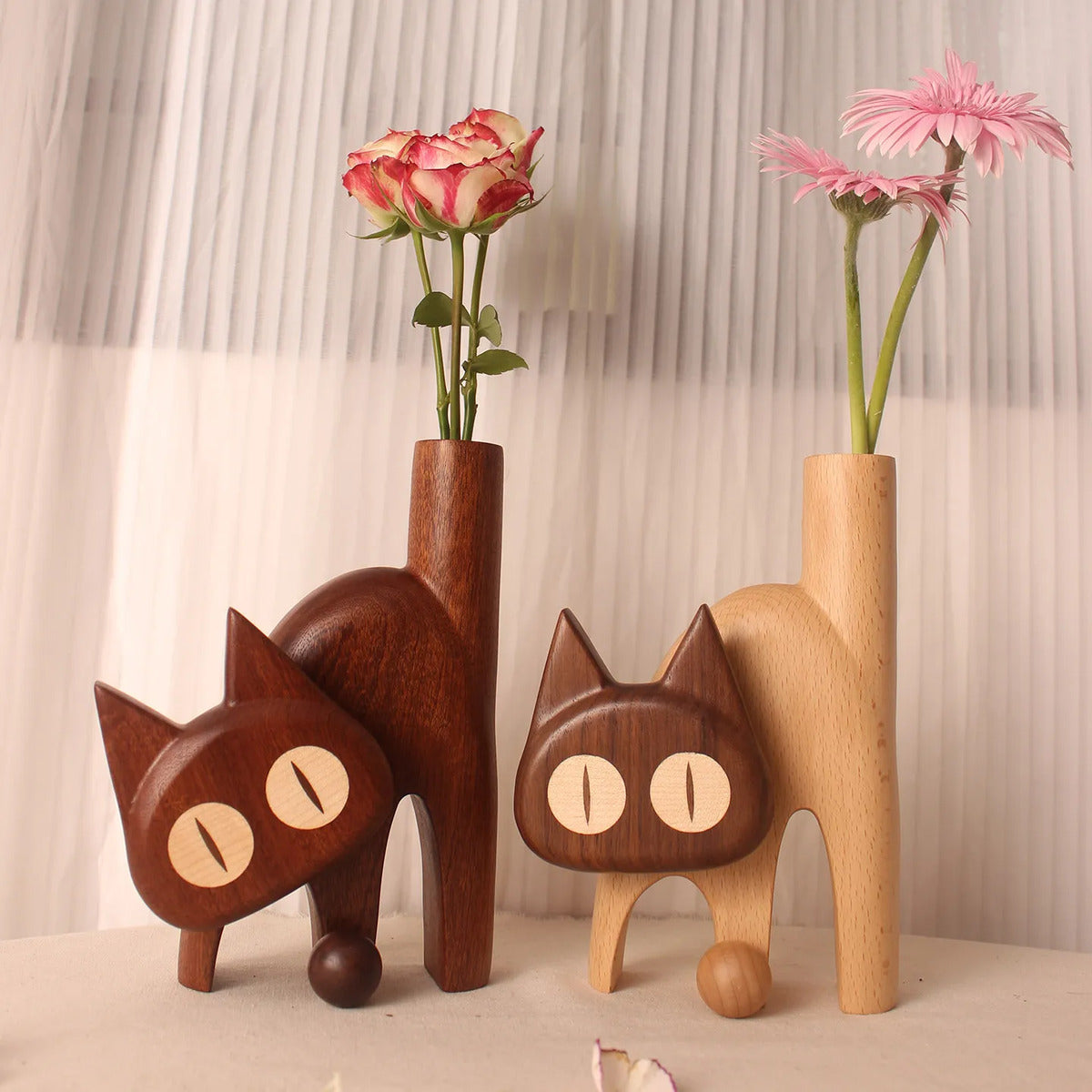 Wooden Cat Flower Vase - Creative Carved Desktop Gift Beech Puppy Flower Device (excluding Flowers)