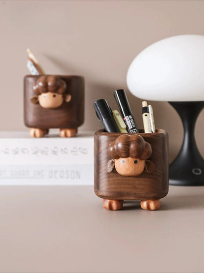 Cute Wooden Lamb Walnut Pen Holder - Desktop Storage Gift Calf Pen Holder