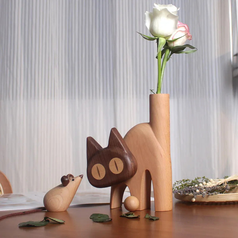 Wooden Cat Flower Vase - Creative Carved Desktop Gift Siamese Cat Flower Device + White Mouse (without Flowers, The Cat Head Can Be Turned)