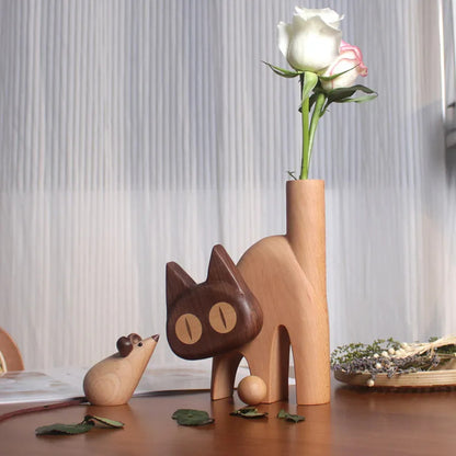 Wooden Cat Flower Vase - Creative Carved Desktop Gift Siamese Cat Flower Device + White Mouse (without Flowers, The Cat Head Can Be Turned)