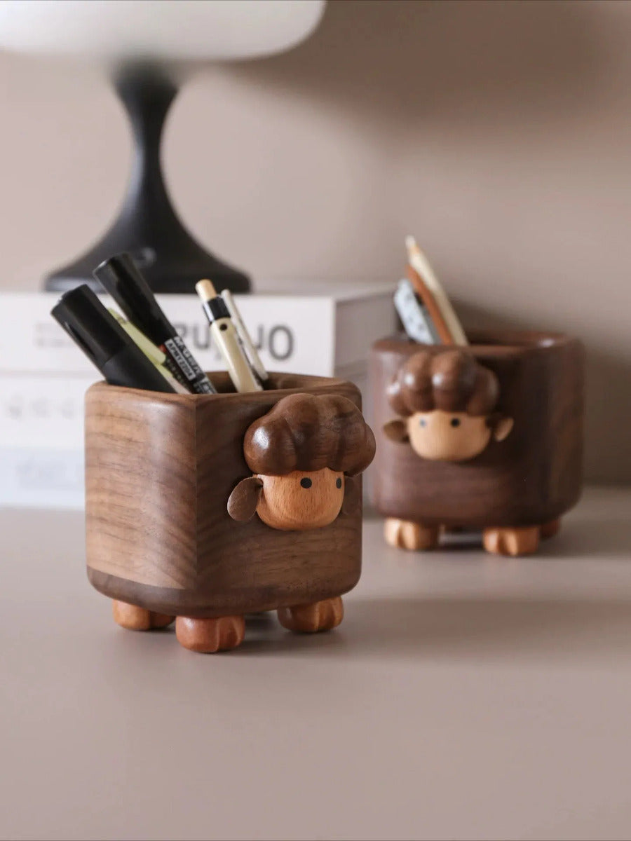 Cute Wooden Lamb Walnut Pen Holder - Desktop Storage Gift Calf Pen Holder