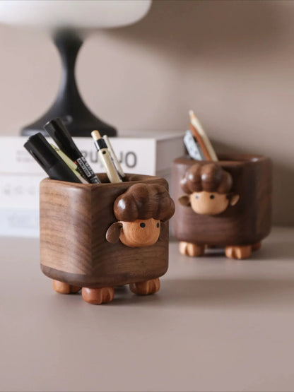 Cute Wooden Lamb Walnut Pen Holder - Desktop Storage Gift Calf Pen Holder
