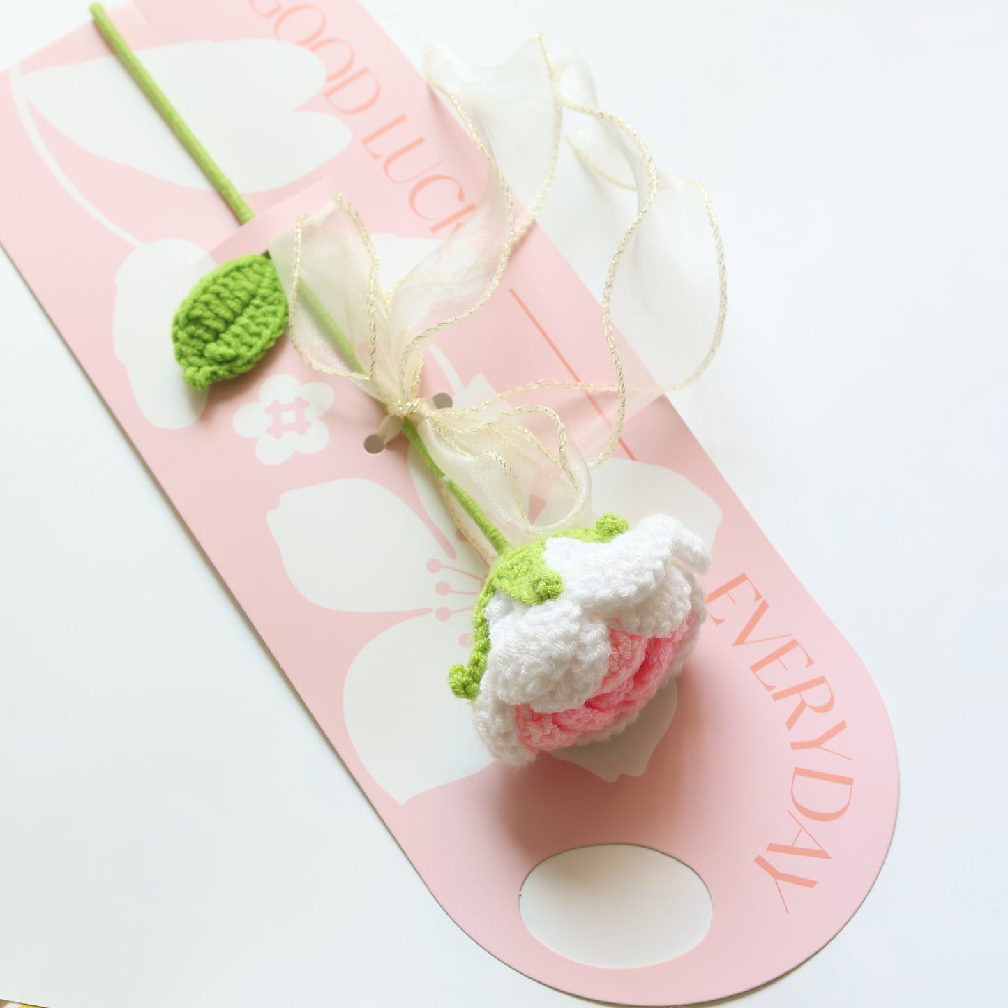 Crochet Single Flower Bouquet Charm - White Pink