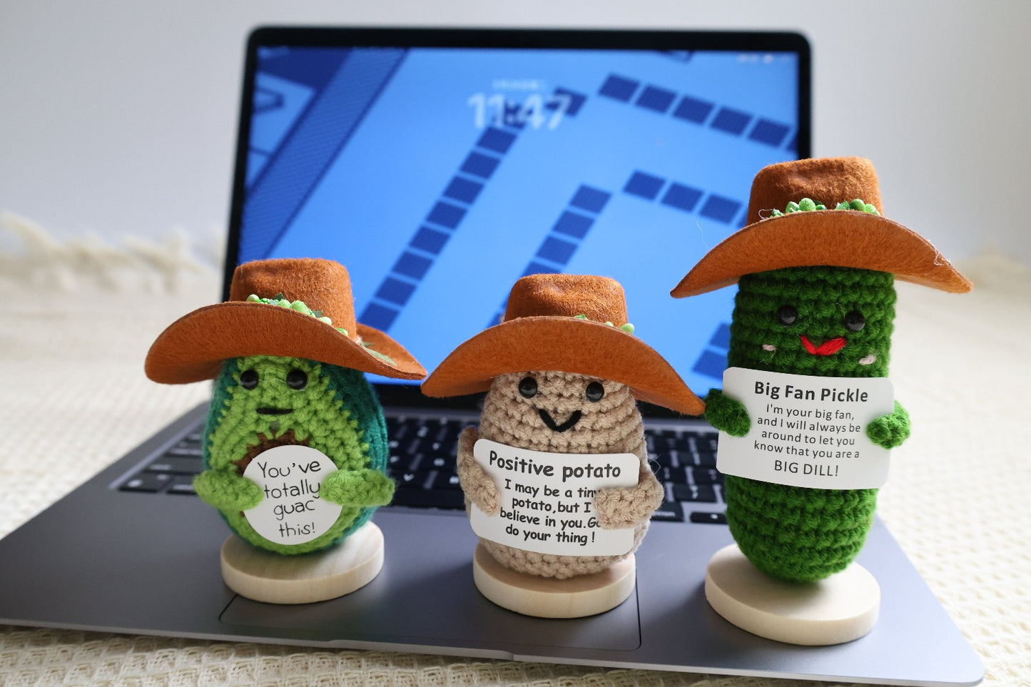🥒 Handmade Crochet Cowboy Pickle "Big Fan Pickle" Desk Buddy